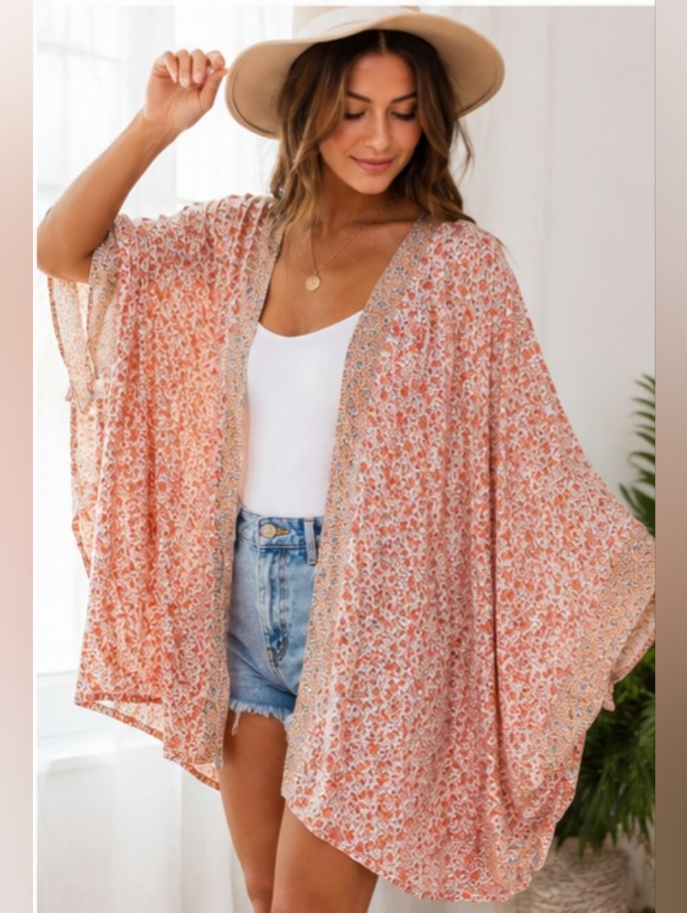 SIM & SAM Peach Floral Boho Kimono Cardigan Rayon Duster L XL Festival